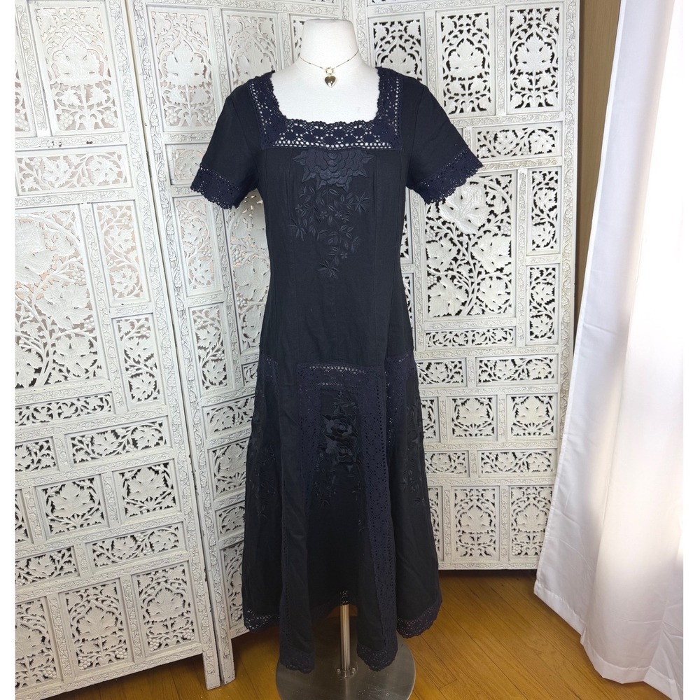 Minh Hanh Black Crochet Embroidered Dress Sz M/L Whimsigoth Boho Cottagecore‎